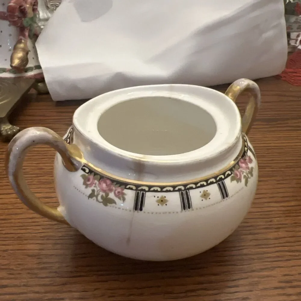 Vintage Cleveland China Sugar Bowl & creamer Bridal Rose Pattern Gold‎ & Crazing